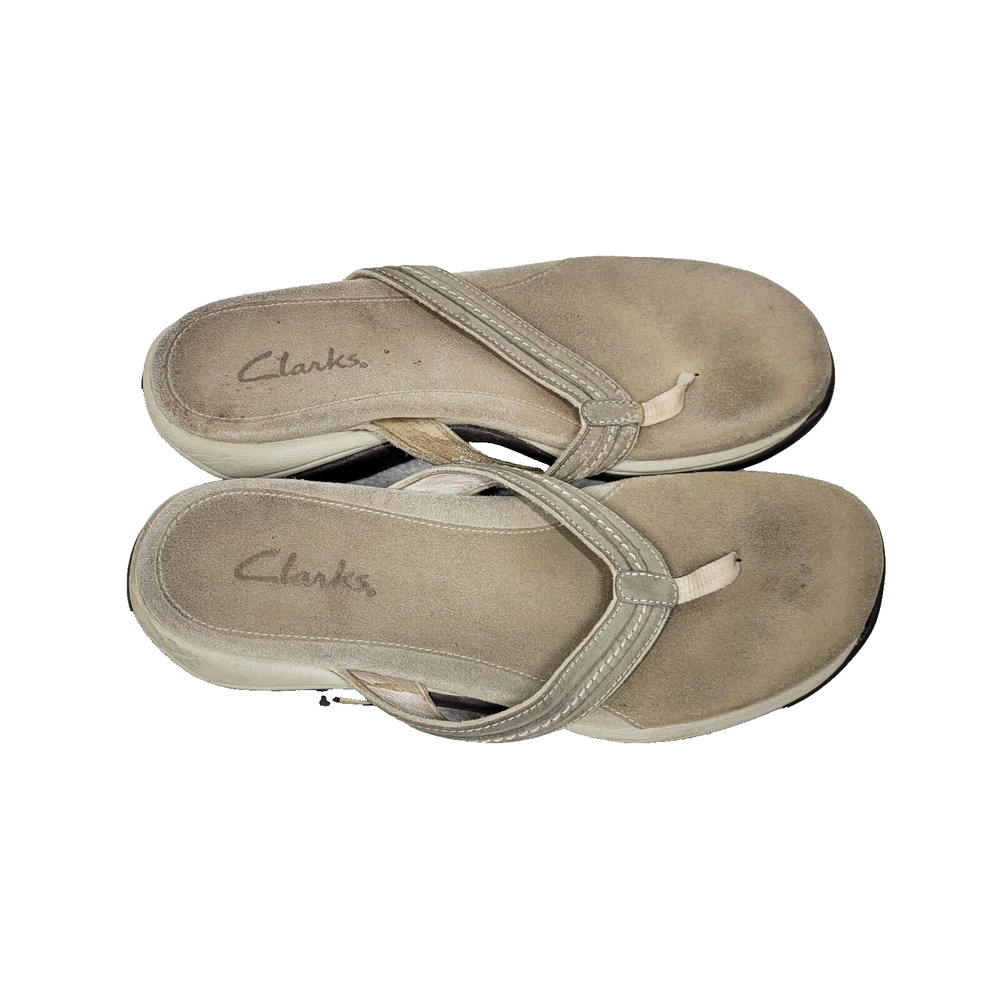 Clarks Sandals Womens Size 8.5 Tan Leather Flip Flop Shoes Pool Beach Summer